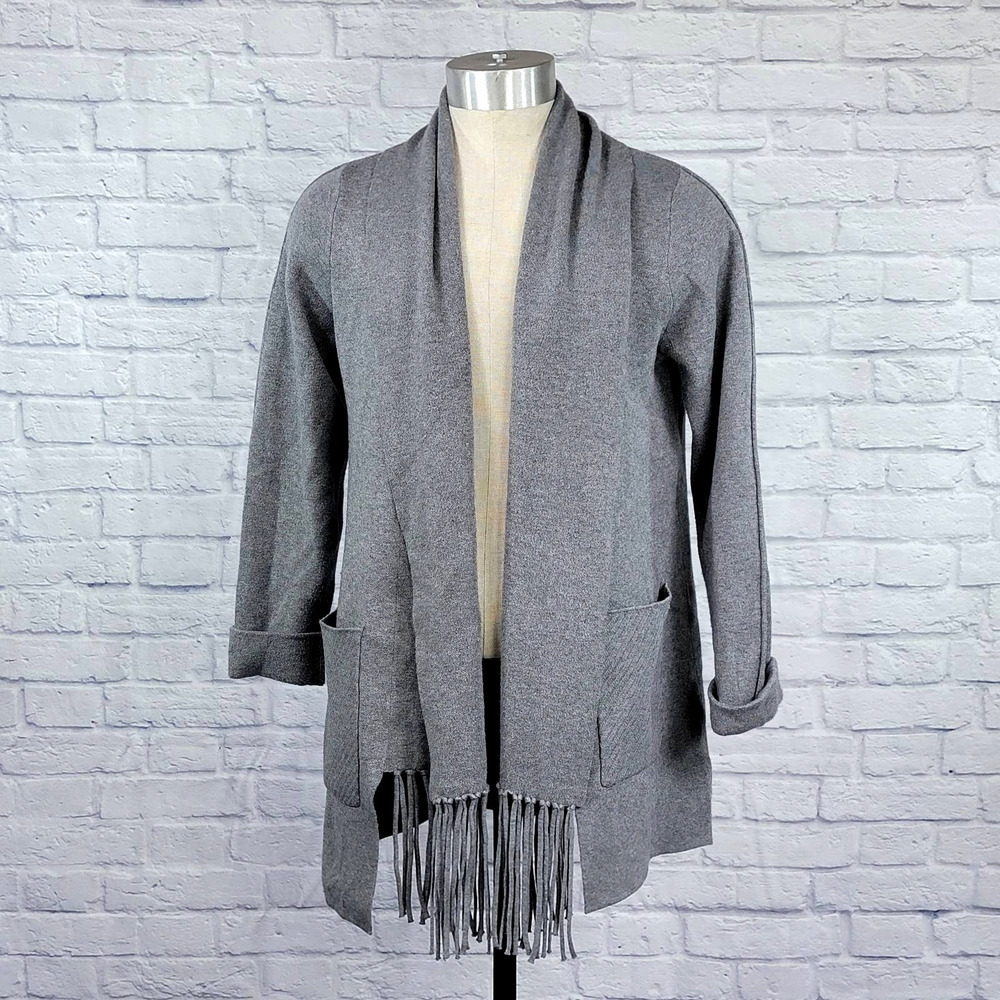 Women's Large Tahari Charcoal Gray Woven Knit Fringe Open Front Long Car…